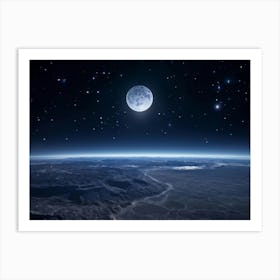 Full Moon As The Centerpiece Just Visible Above A Vast Horizon Line Inferring The Edge Of A Planet Art Print