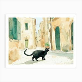 Black Cat In Bari, Italy, Street Art Watercolour Painting 3 Art Print