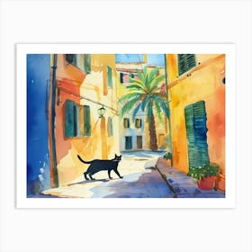 Palma De Mallorca, Spain   Cat In Street Art Watercolour Painting 1 Art Print