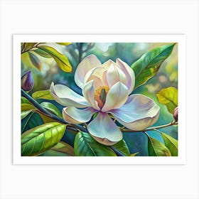 White Magnolia Flower With Green Leaves 1 Art Print