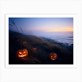 Jack O Lanterns With Eerie Glows Emanating A Soft Light Scattered Along A Desolate Shoreline Early (3) Art Print