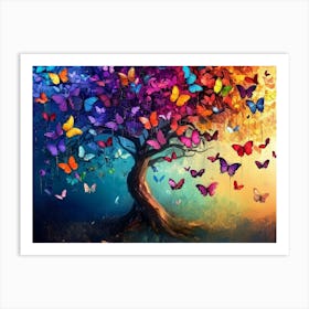 Vibrant Butterfly Tree with Colorful Hanging Leaves, 3d Abstract Illustration Background Artwork Painting Art Print