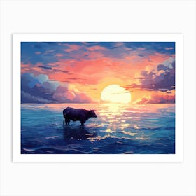 Sunset Cow Painting Art Print