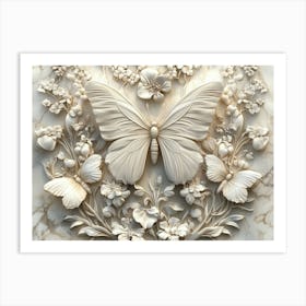 Butterfly And Flowers, 3d Garden Carved In Marble Stone Art Print