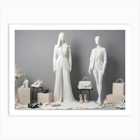 Two Mannequins Dressed In White Clothing, One A Dress And One A Suit, Stand In A Shop Display With Shoes And Accessories Around Them, Representing Fashion, Style, And A Bridal Shop Art Print