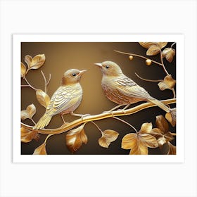 Birds On A Branch, Opulent Sparrow 3d Golden Art Art Print