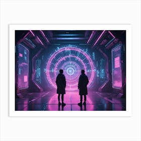 Two Figures Silhouetted In A Futuristic, Neon Lit Room, Facing A Large, Glowing Circular Portal Art Print