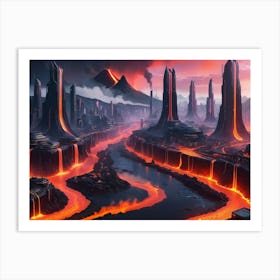 Cyberpunk city with lava and river Art Print