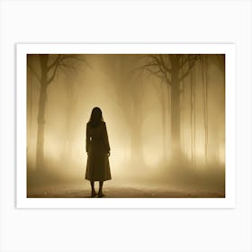 A Digital Painting Of A Woman In A Coat Standing In A Foggy Forest Art Print