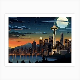 Seattle Skyline By Night Art Deco Style Art Print