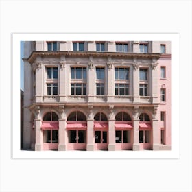 A Facade Of A Building With Arched Windows And Pink Awnings, Suggesting A Stylish And Modern Retail Space Art Print