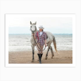 Girl Walking With Horse On A Beach Oil Painting Landscape Art Print