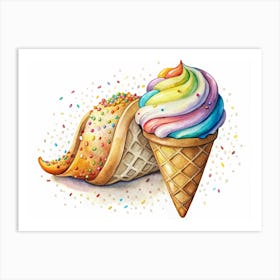 Rainbow Ice Cream Cone With Sprinkles And Waffle Cone Art Print