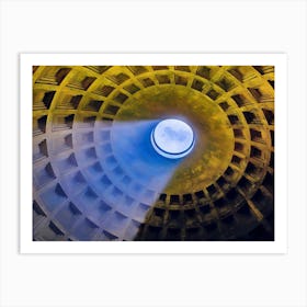 Oculus of the Pantheon. This image captures the interior view of the Pantheon’s dome, focusing on the oculus at its apex. The coffered ceiling, with its geometric patterns, is illuminated by natural light streaming through the oculus, creating a dramatic interplay of light and shadow. The oculus, a circular opening at the top of the dome, serves as the primary source of light for the Pantheon’s interior and symbolizes the connection between the temple and the heavens. 1 Art Print