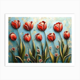 Painting Group Red Tulips Blue Background Are Arranged Tulip Flower 1 Art Print