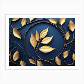 Golden Leaves On Blue Background Art Print