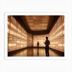 Two Men Stand In A Large, Futuristic Space, Surrounded By Multiple Large Screens Displaying A Glowing Data Stream And Geometric Patterns Art Print