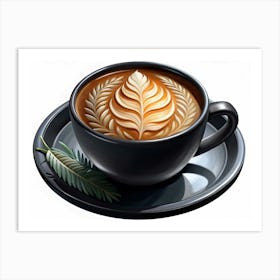 A Close Up Of A Black Coffee Cup With A Latte Art Design Of A Leaf, On A Black Saucer With Two Green Leaves Art Print