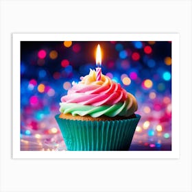 Cupcake With Vibrant Swirls Of Pink Blue And Green Frosting Single Lit Candle Atop Celebrating A (6) Art Print