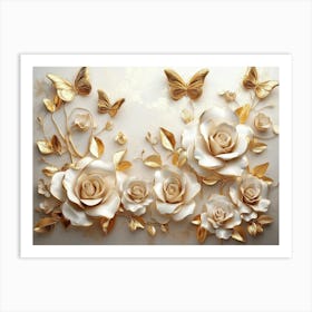 3d Golden Roses on A 3d Background and Golden Art Print