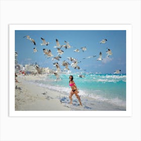 Girl, Sunny Beach And Birds, Oil Painting Art Print