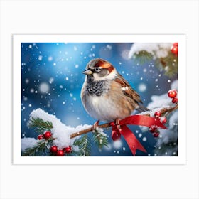 Winter Sparrow Adorned In Festive Attire Perched On A Snow Covered Branch Vibrant Red Ribbon Tied A Art Print