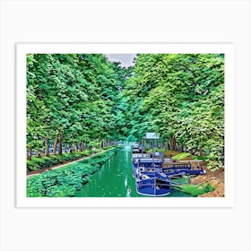 Canal de Brienne Toulouse Serene Canal with Boats and Lush Greenery. Canal de Brienne Toulouse France. This image depicts a tranquil canal lined with vibrant green trees on both sides. Several blue boats are moored along the right side of the canal, creating a picturesque and serene scene. The lush foliage and calm water create a peaceful atmosphere, making it an ideal spot for relaxation and reflection. Art Print