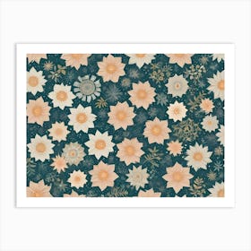 A Seamless Pattern Of Stylized White Flowers On A Teal Green Background Art Print