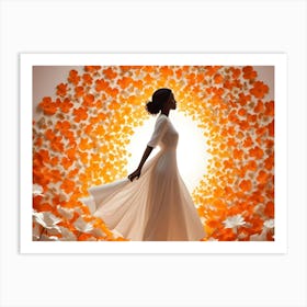 Silhouette Of A Black Woman In A White Dress Against A Backdrop Of Orange And White Flowers Art Print