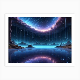 An Ethereal Landscape With Glowing, Blue Tendrils Cascading From A Swirling, Cosmic Cloud Above A Tranquil Lake, Reflected In Its Still Waters Art Print