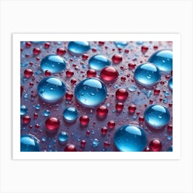 Close Up Image Of Water Droplets On A Surface, Featuring A Mixture Of Blue And Red Droplets Art Print