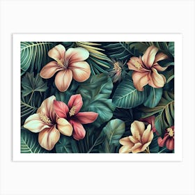 Tropical Seamless Pattern With Exotic Leaves, Strelitzia Flowers, Hibiscus And Plumeria 2 Art Print