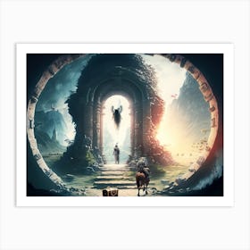 Ancient portal with dragons and wariors Art Print