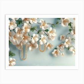 3d Artwork Illustration With A White And Blue Background, Featuring Golden Jewelry And Flowers Art Print