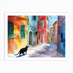 Black Cat In Cagliari, Italy, Street Art Watercolour Painting 3 Art Print