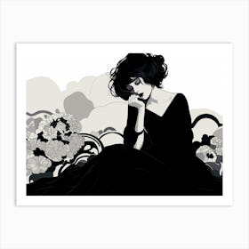 Sad Girl In A Black Dress Flowers Art Print