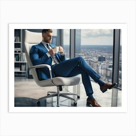 Bossy Young Anime Guy In Ultra Modern Office,Sipping Coffee Art Print