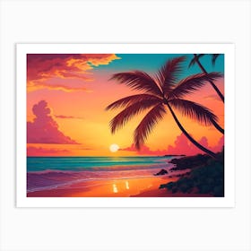 A Tranquil Beach At Sunset Horizontal Illustration 58 Art Print