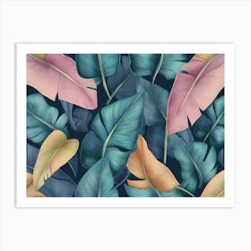 Tropical Exotic Luxury Seamless Pattern with Pastel Color Banana Leaves Palm Colocasia Hand Drawn 3d Art Print