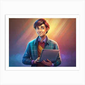 Smiling Young Man Using Laptop With Warm Lighting Art Print