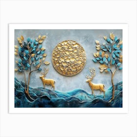 3d Art Gold Background, Turquoise Leaves, And Deer Against a Gray Background Art Print