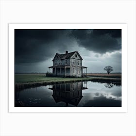 Old House Reflecting On A Tranquil Pond Captured In A Photograph On A Black Background Cloud Fille Art Print