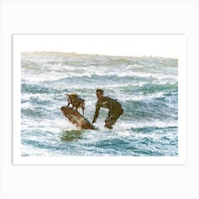 Surfer And His Dog Surfing Oil Painting Landscape Art Print