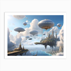 A floating city in the clouds, with airships docking at sky-high platforms Art Print