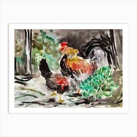 Rooster And Hen - watercolor impressionism Anton Maliar farm birds Art Print