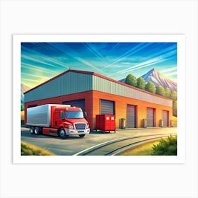 Red Semi Truck In Front Of Warehouse With Mountains In The Background Art Print