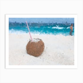 Coconut On A Sandy Beach Near The Sea Oil Painting Landscape Art Print