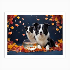 Two Border Collie Dogs Sitting In Front Of A Fishbowl With Orange Jellyfish And Surrounded By Fall Leaves Art Print