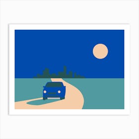 Blue Car On Road At Night vector illustration Art Print