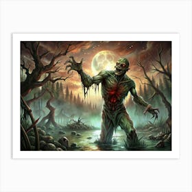 Zombie Walking Through A Swamp With A Full Moon In The Background Art Print